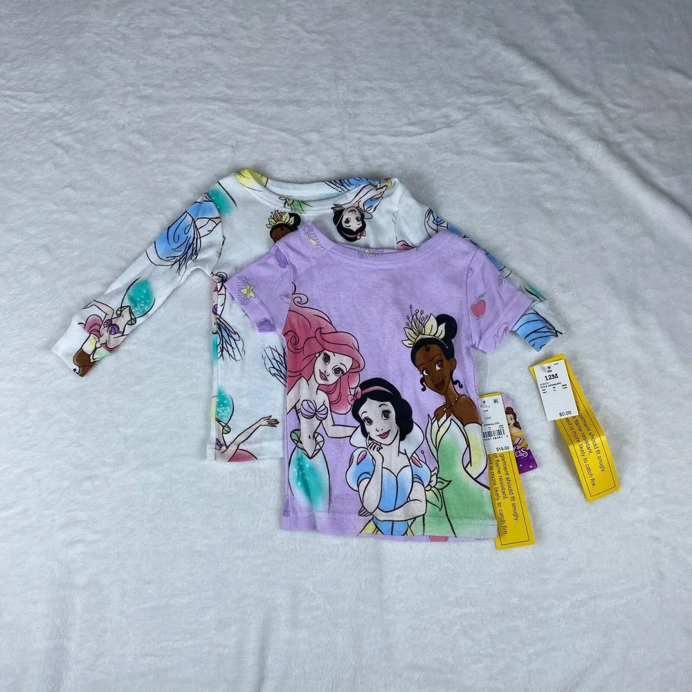 Disney Princess Lot of 2 Pajama Top Girls 12M Purple Snow White & Ariel Graphics